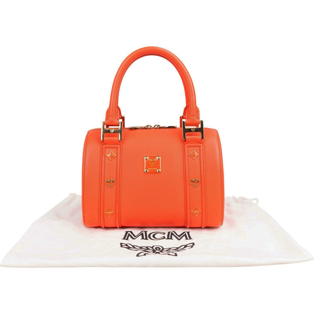 MCM Orange Grained Leather Essential Studded Small Boston Bag