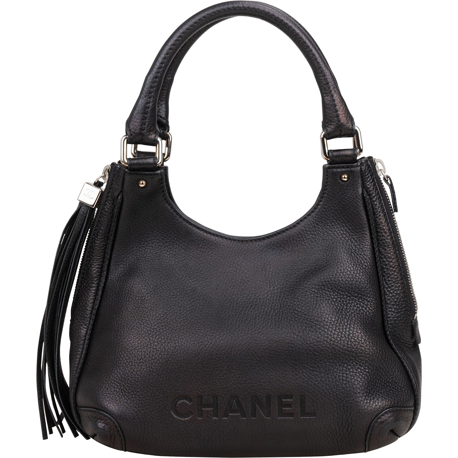 Sac à bandoulière Hobo Chanel en cuir de veau grainé avec pompon