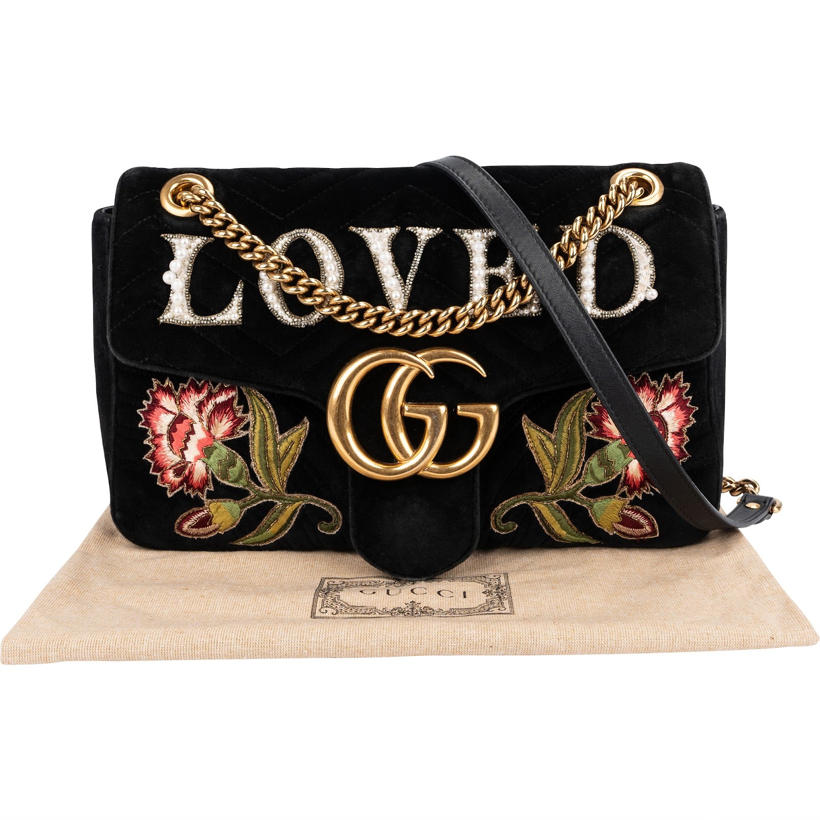 Gucci Monogram Velvet Small GG Marmont 'Loved' Embroidered Shoulder Bag