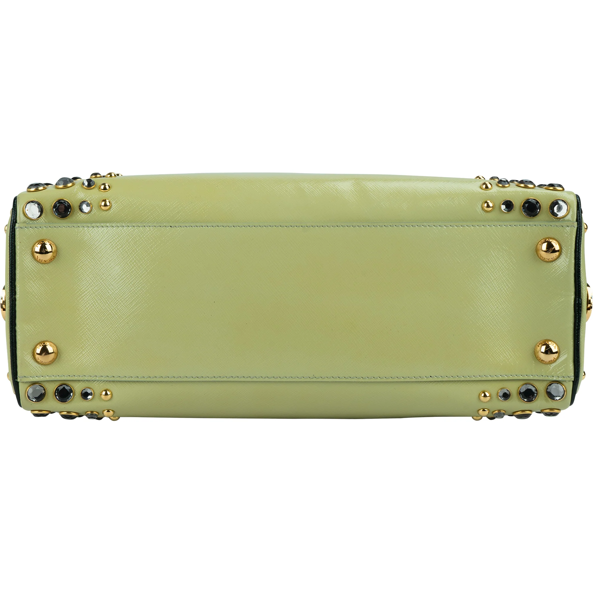 Prada Saffiano Vernic Leather Pyramid Frame Crystal Studded Promenade Handbag