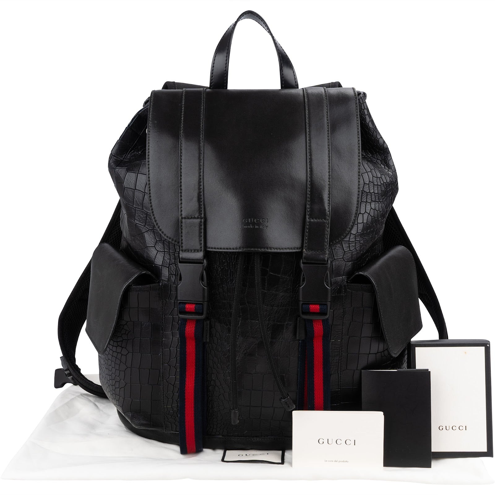 Gucci Crocodile-Embossed Leather Web Stripe Backpack