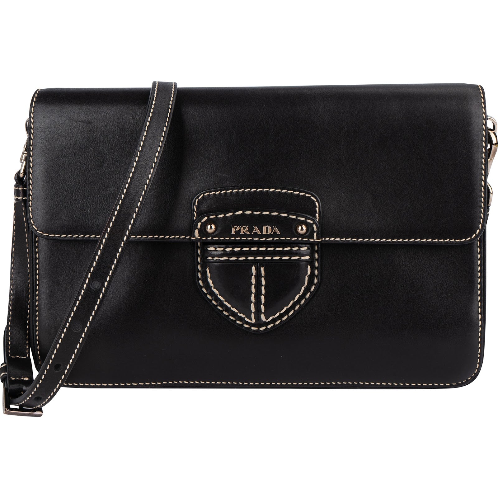 Prada Leather Contrast Stitch Flap Crossbody Bag