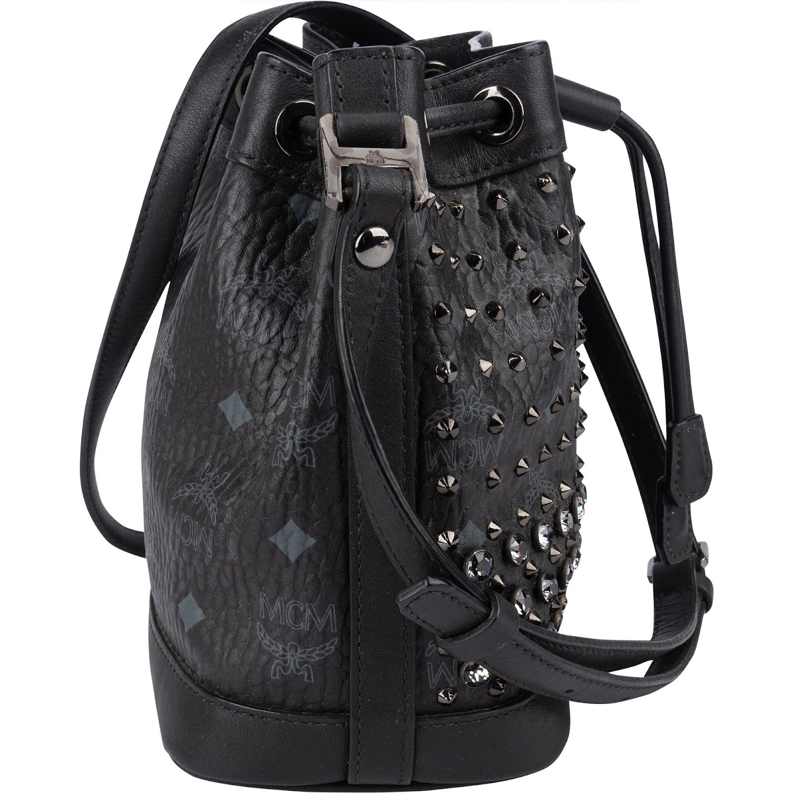 MCM Black Monogram Visetos Studded Crystal Small Bucket Crossbody Bag