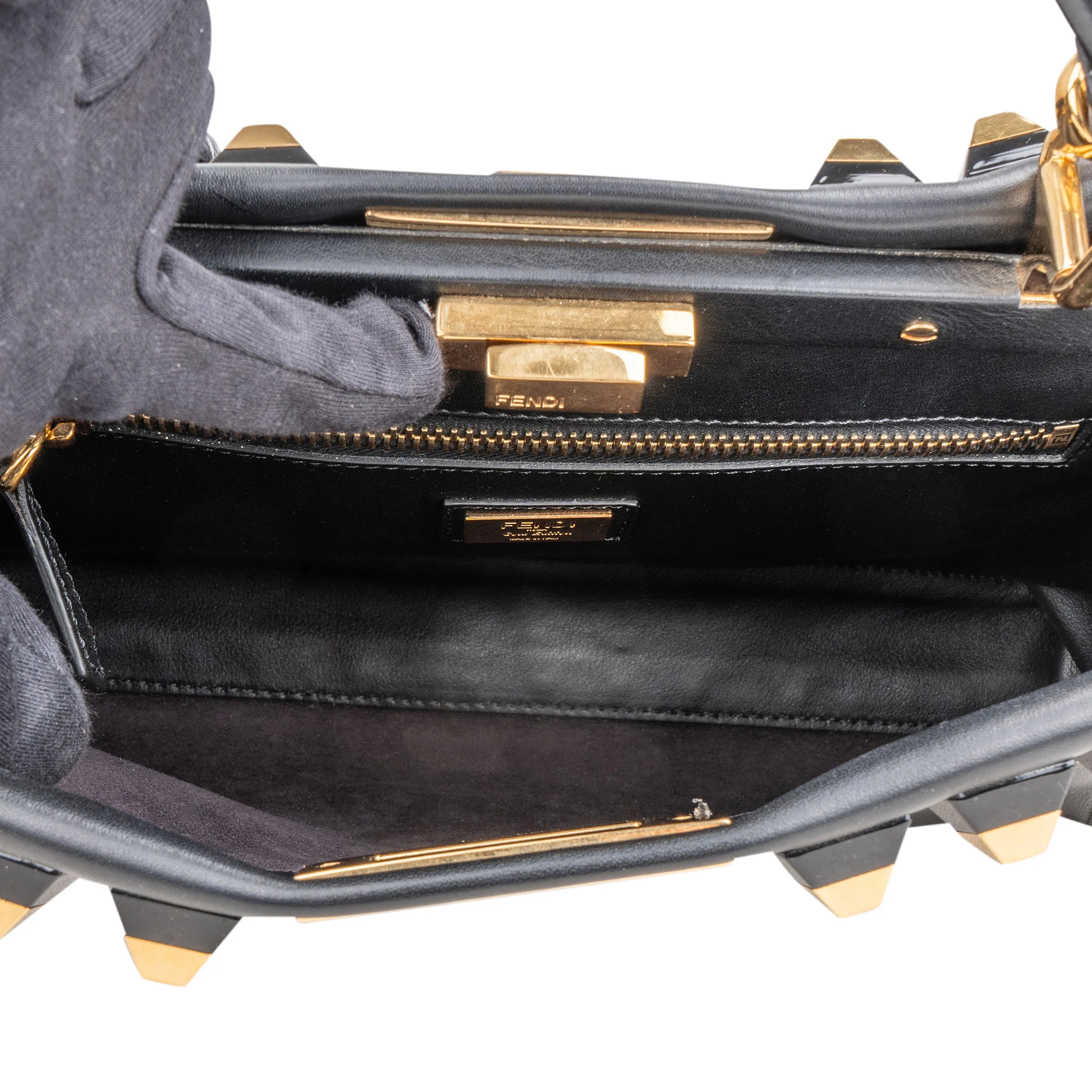 Fendi Noir Leather Gold Edition Spikes Peekaboo Handbag