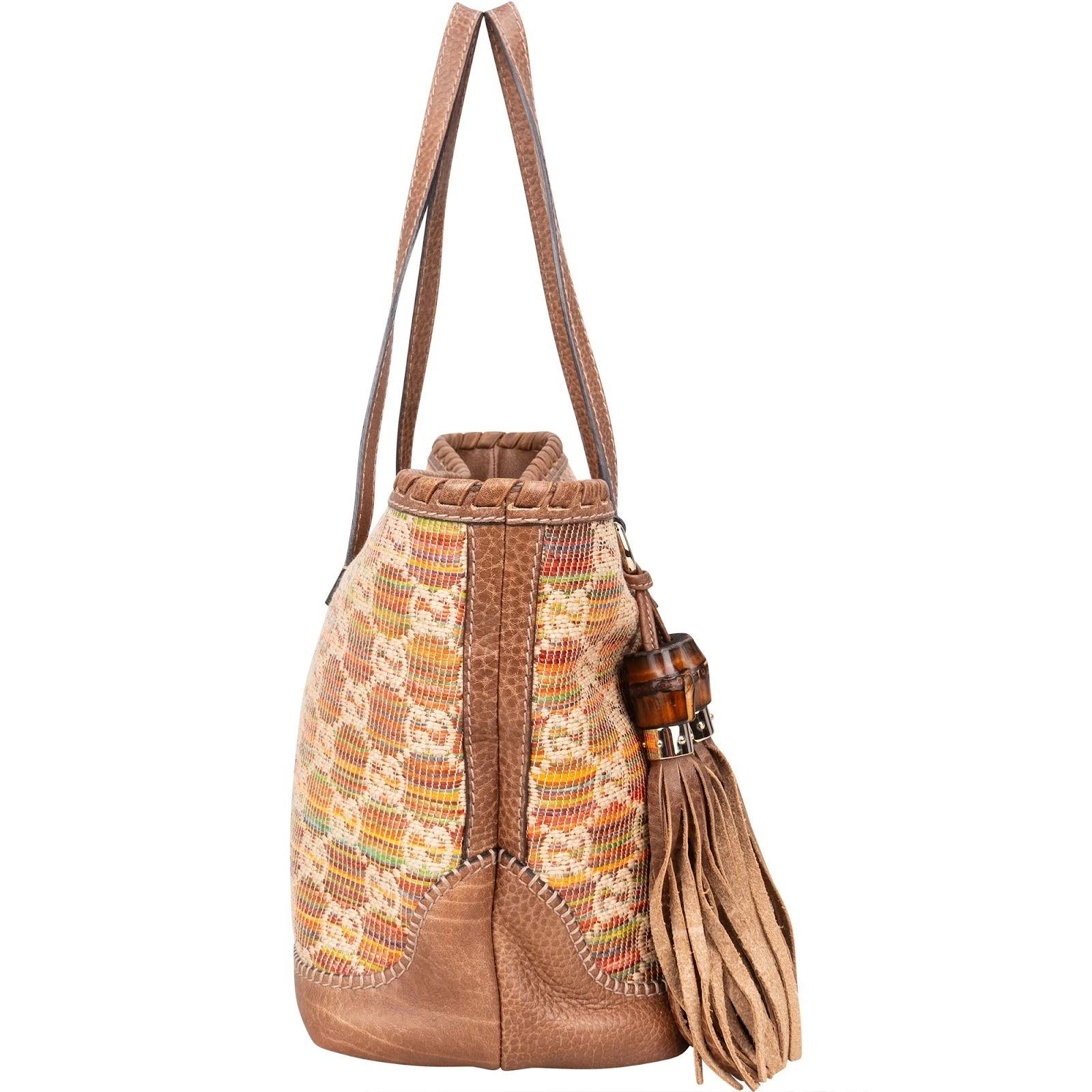 Gucci Monogram Multicolor Raffia and Leather GG Bamboo Tassel Tote Shoulder Bag