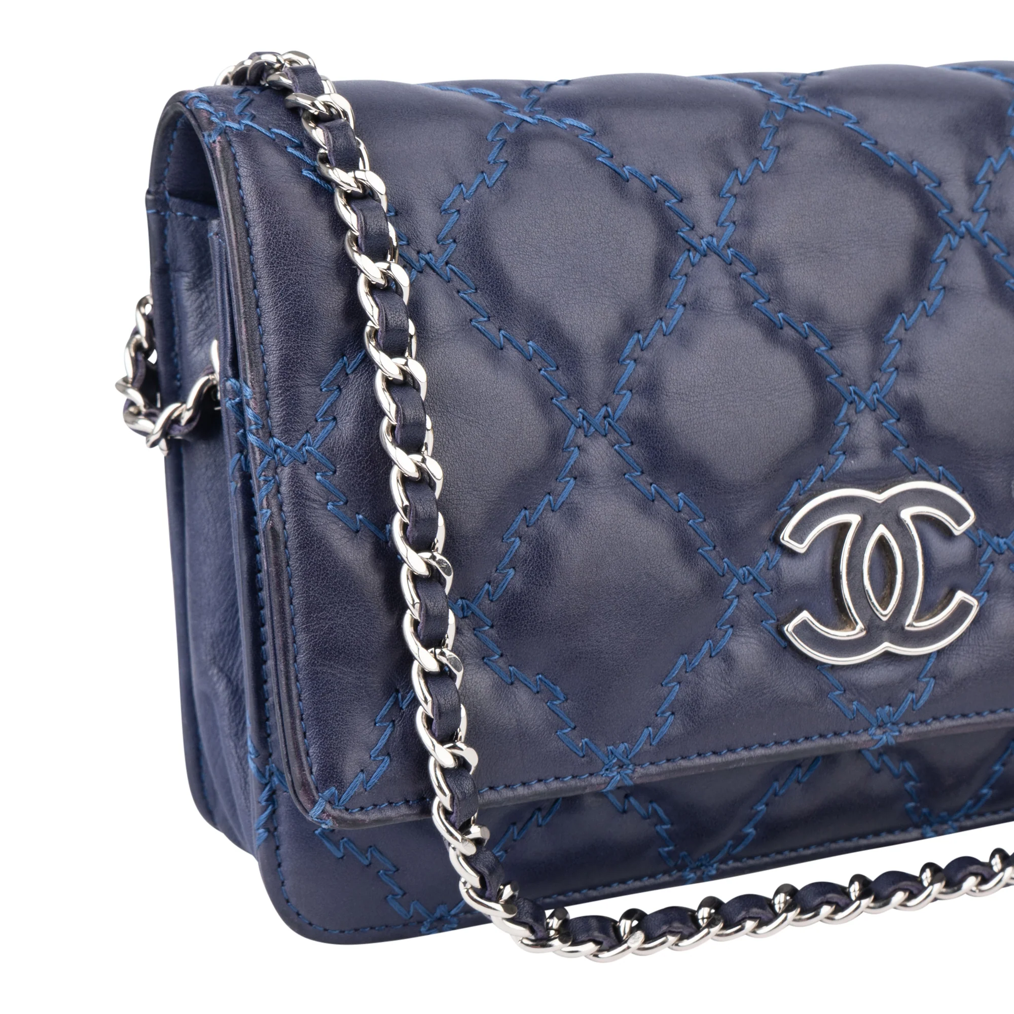 Chanel Bleu Quilted Stitch Lambskin Wallet On Chain Crossbody Bag
