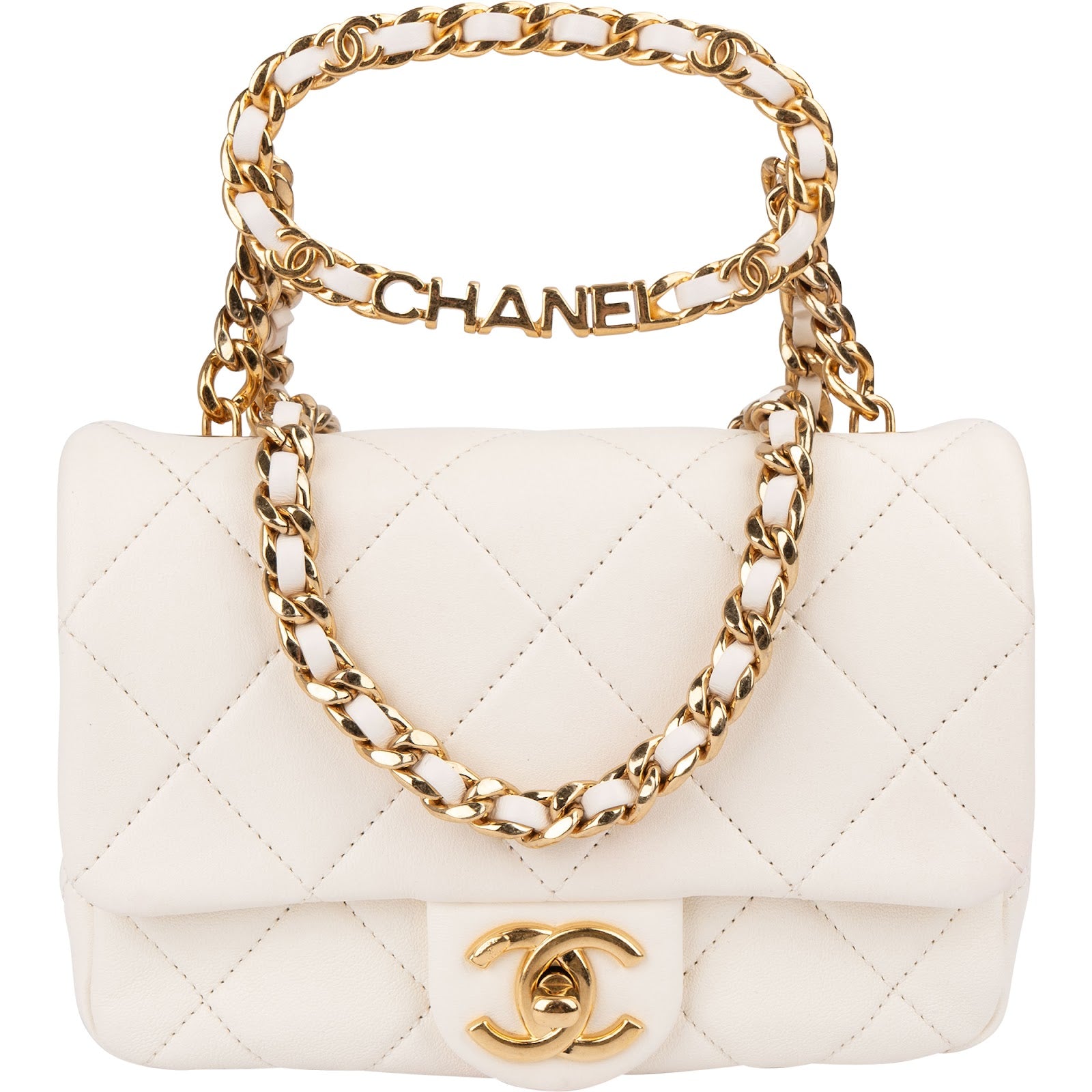 Chanel White Quilted Lambskin Mini Rectangular Flap Top Handle Crossbody Bag