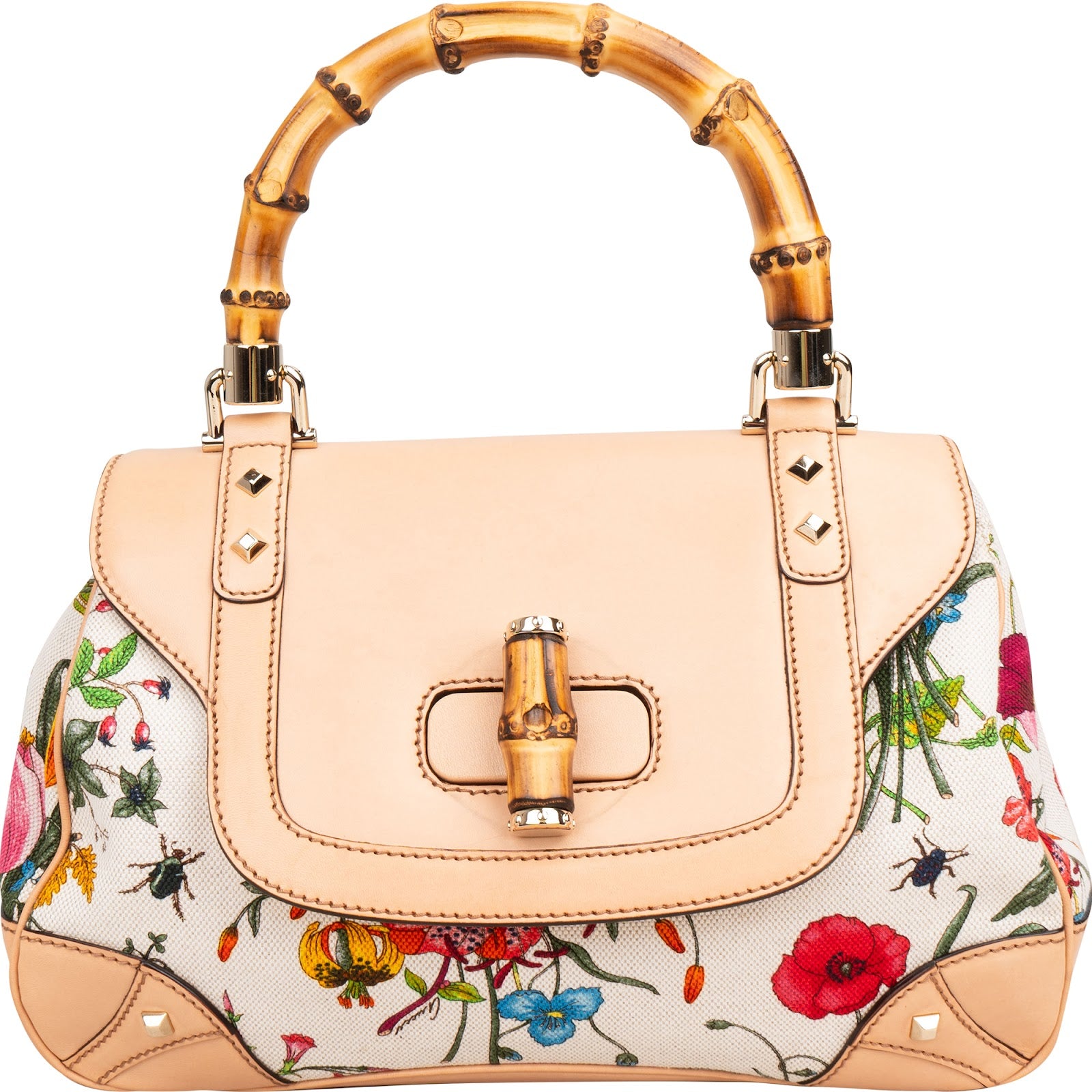 Gucci Rose Leather Flora Print Canvas Bamboo Top Handle Handbag