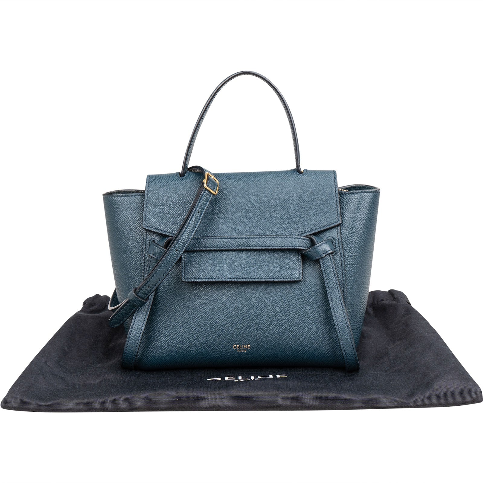 Celine Petrol Leather Grained Calfskin Belt Handbag