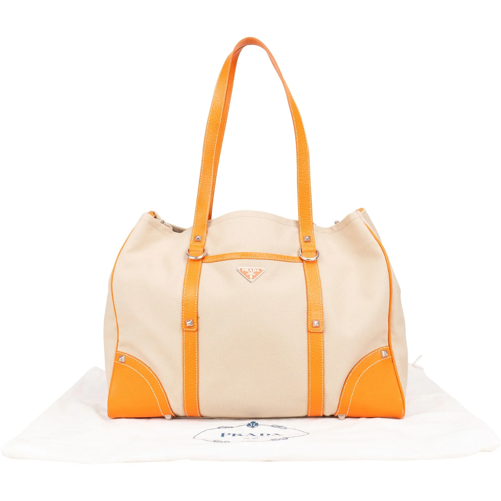 Prada Canvas and Leather Studded Shoulder Bag